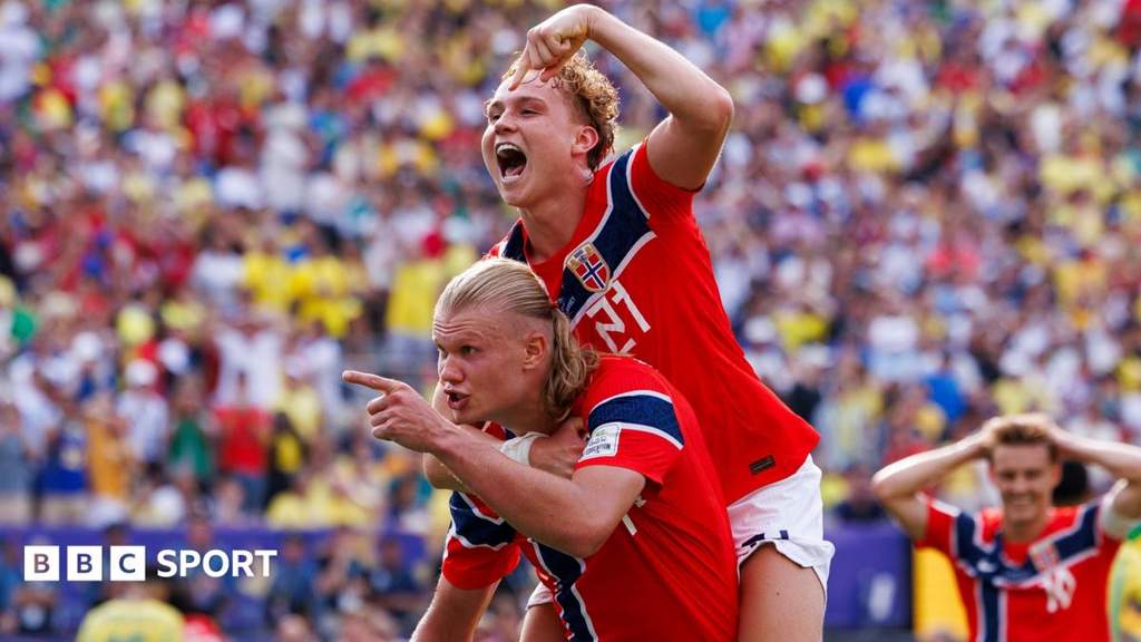 Erling Haaland melakukan selebrasi setelah mencetak gol untuk Norwegia melawan Brasil di Piala Dunia 2026